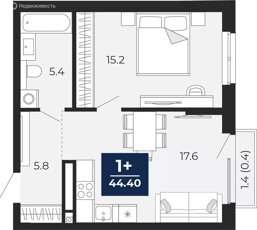 1-комнатная квартира: Тюмень, Ленинский округ (44.98 м) - Фото 0