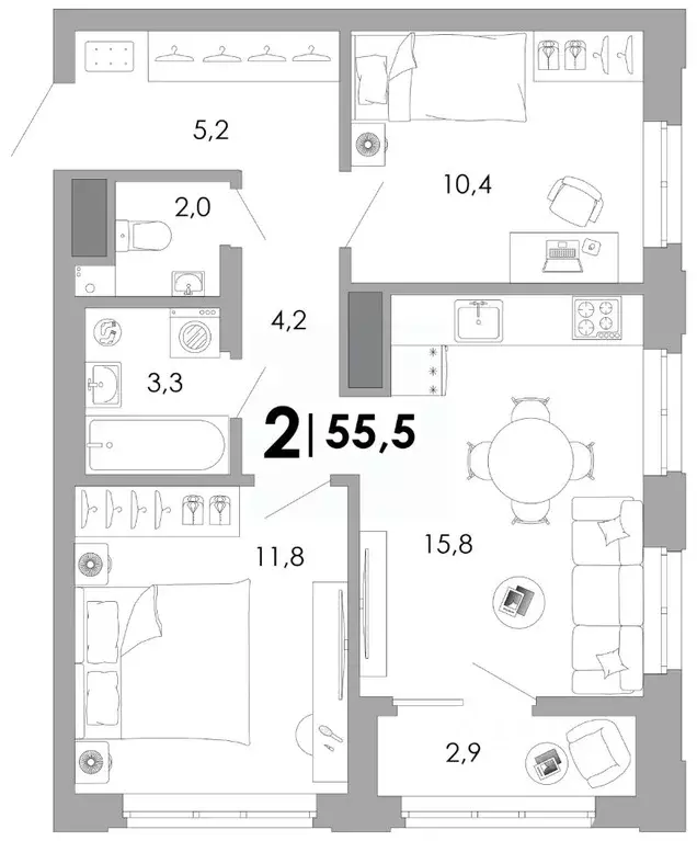 2-к кв. Владимирская область, Владимир Уно жилой комплекс (55.54 м) - Фото 1