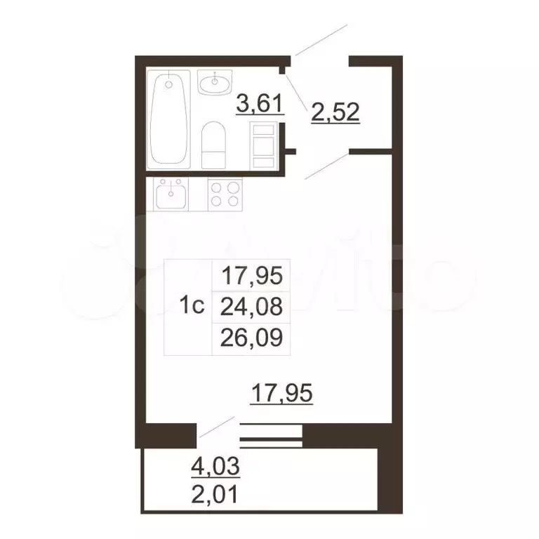 Квартира-студия, 26,1 м, 4/6 эт. - Фото 0