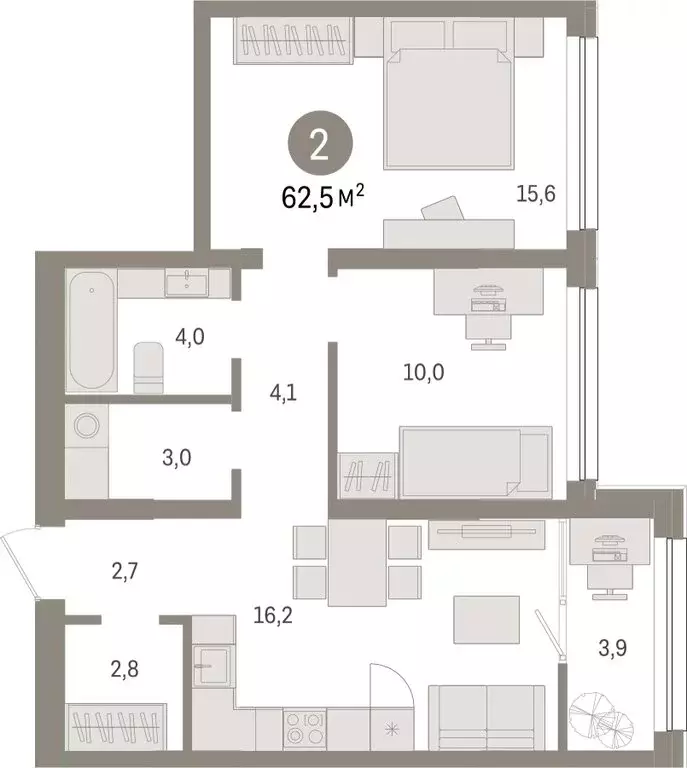 2-комнатная квартира: Тюмень, Мысовская улица, 26к1 (62.48 м) - Фото 1