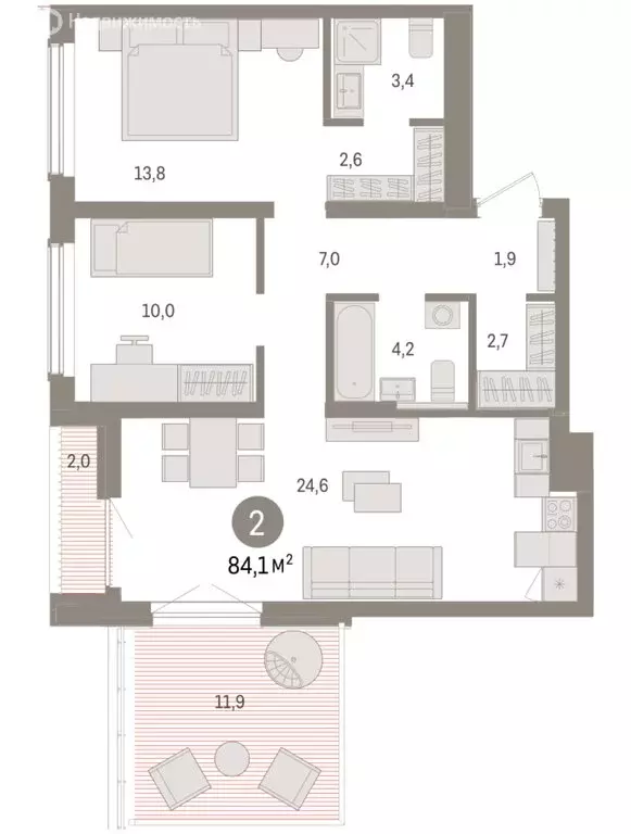 2-комнатная квартира: Новосибирск, улица Аэропорт, 90 (84.08 м) - Фото 2