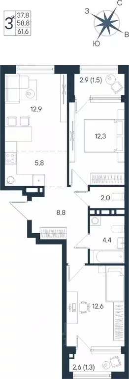 3-к кв. Пермский край, Пермь ул. Космонавта Беляева, 17 (61.6 м) - Фото 0