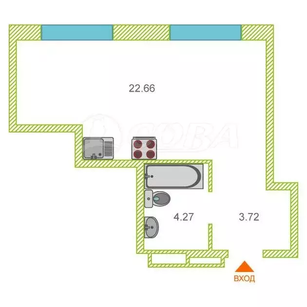 Квартира-студия: Тюмень, улица Пожарных и Спасателей, 1 (31 м) - Фото 1