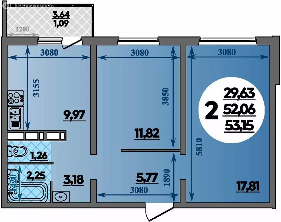 2-комнатная квартира: Кропоткин, жилой комплекс Романовский (53.15 м) - Фото 1