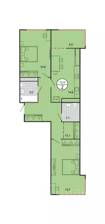 2-к кв. Ставропольский край, Георгиевск Олимп жилой комплекс (72.8 м) - Фото 1