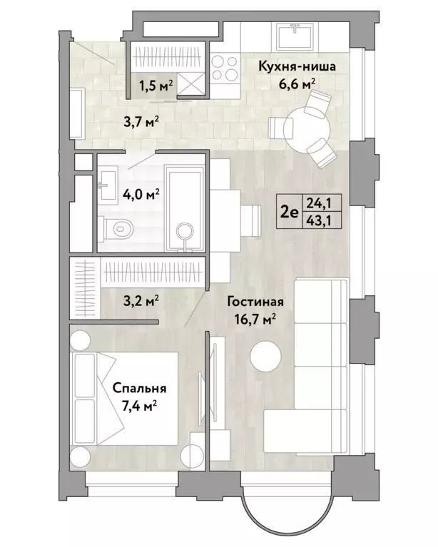 1-к квартира, 43.3 м - Фото 0