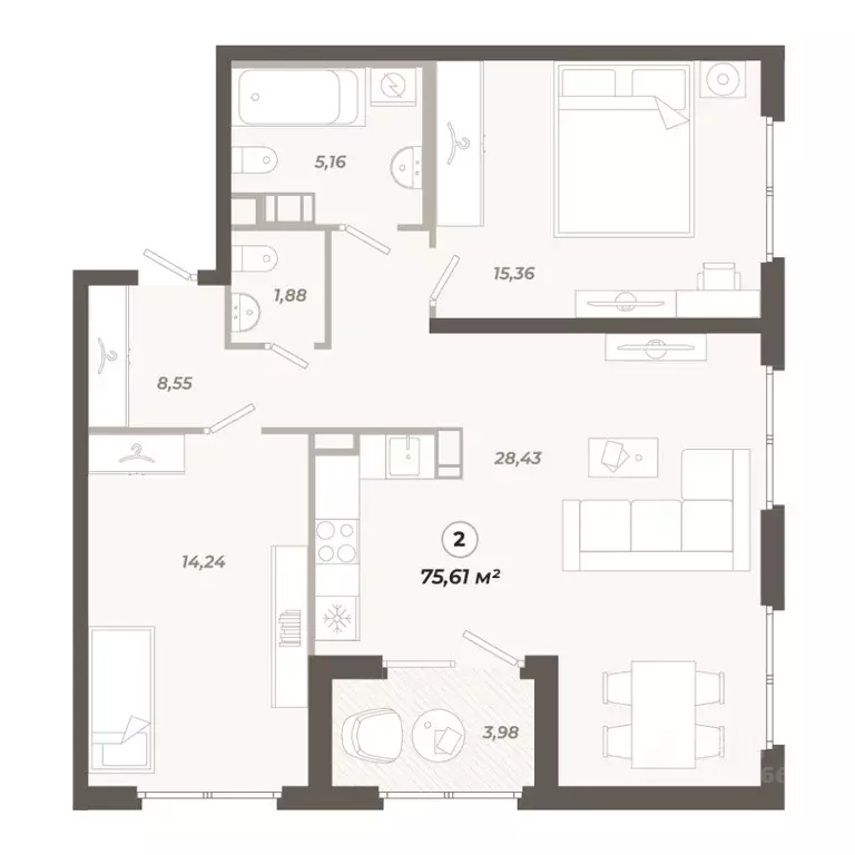 2-к кв. Санкт-Петербург ул. Коли Томчака, 21Д (75.61 м) - Фото 0