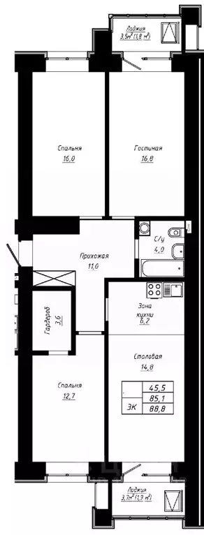 3-к кв. Алтайский край, Барнаул ул. Сухэ-Батора, 39 (88.8 м) - Фото 0