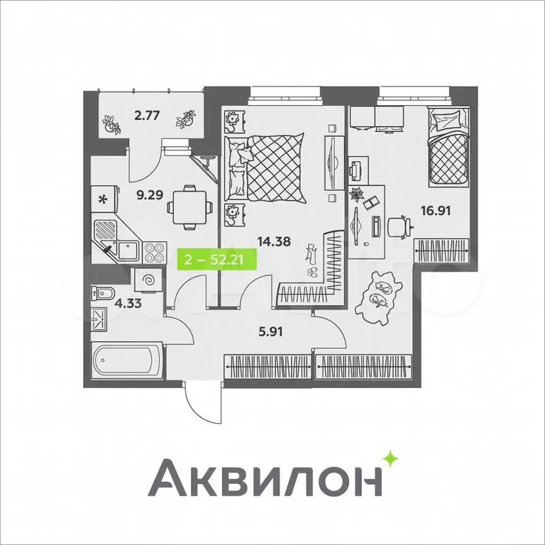 2-к. квартира, 52,2 м, 3/8 эт. - Фото 0