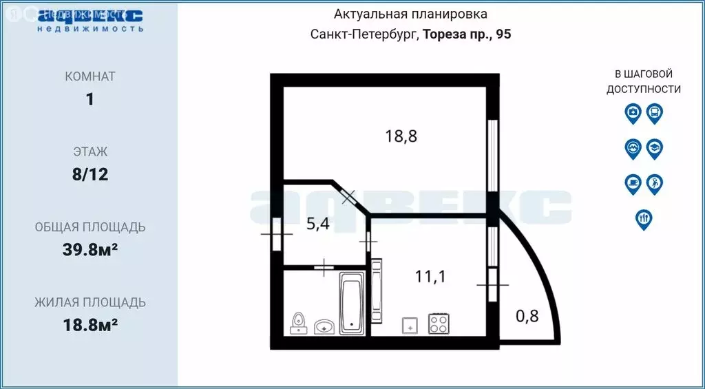 1-комнатная квартира: Санкт-Петербург, проспект Тореза, 95 (39.8 м) - Фото 2