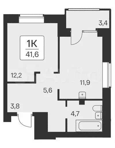 1-к. квартира, 41,6 м, 2/11 эт. - Фото 0