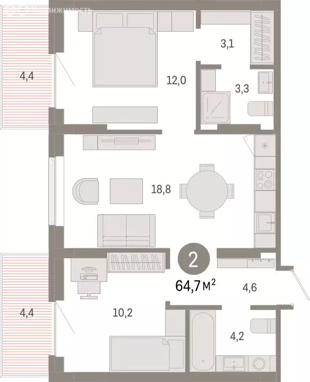 2-комнатная квартира: Омск, Кировский округ (64.69 м) - Фото 1
