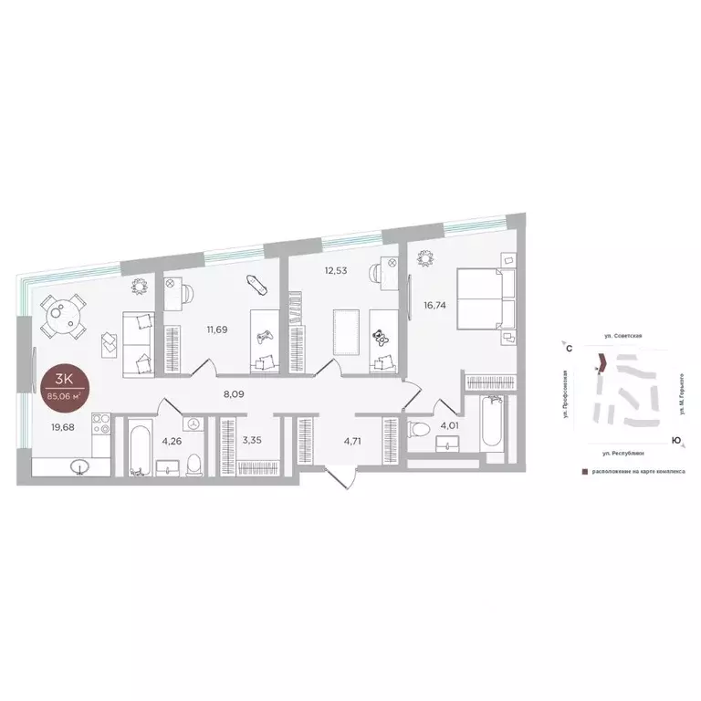 3-к кв. Тюменская область, Тюмень ул. Николая Машарова, 8 (85.06 м) - Фото 0