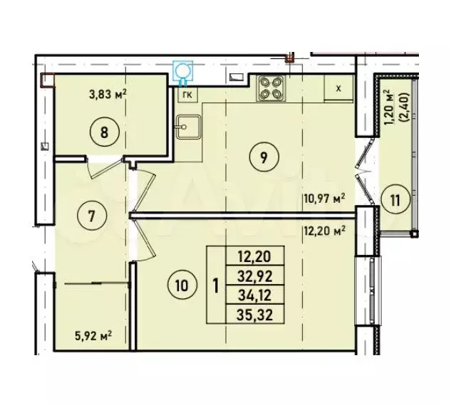1-к. квартира, 34,1 м, 1/7 эт. - Фото 1