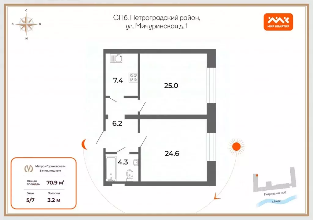 2-к кв. Санкт-Петербург Мичуринская ул., 1 (70.9 м) - Фото 1