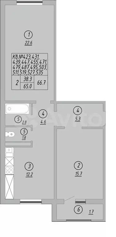 2-к. квартира, 63 м, 1/17 эт. - Фото 1