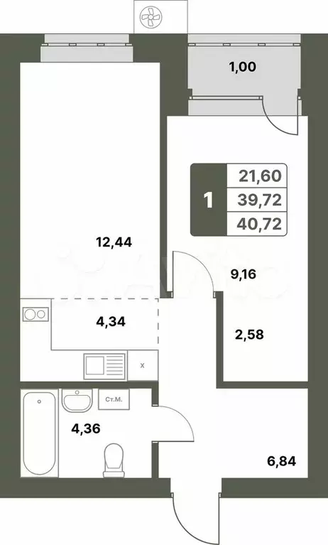 1-к. квартира, 40,7 м, 4/6 эт. - Фото 0