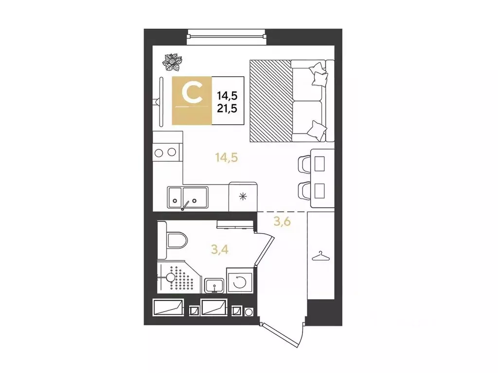 Студия Краснодарский край, Краснодар Самолет кв-л,  (21.5 м) - Фото 1