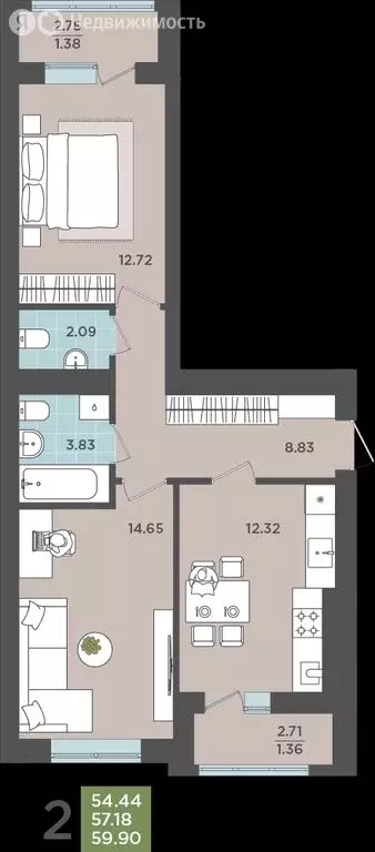 2-комнатная квартира: Калининград, Коммунистическая улица, 127к2 (55.4 ... - Фото 0