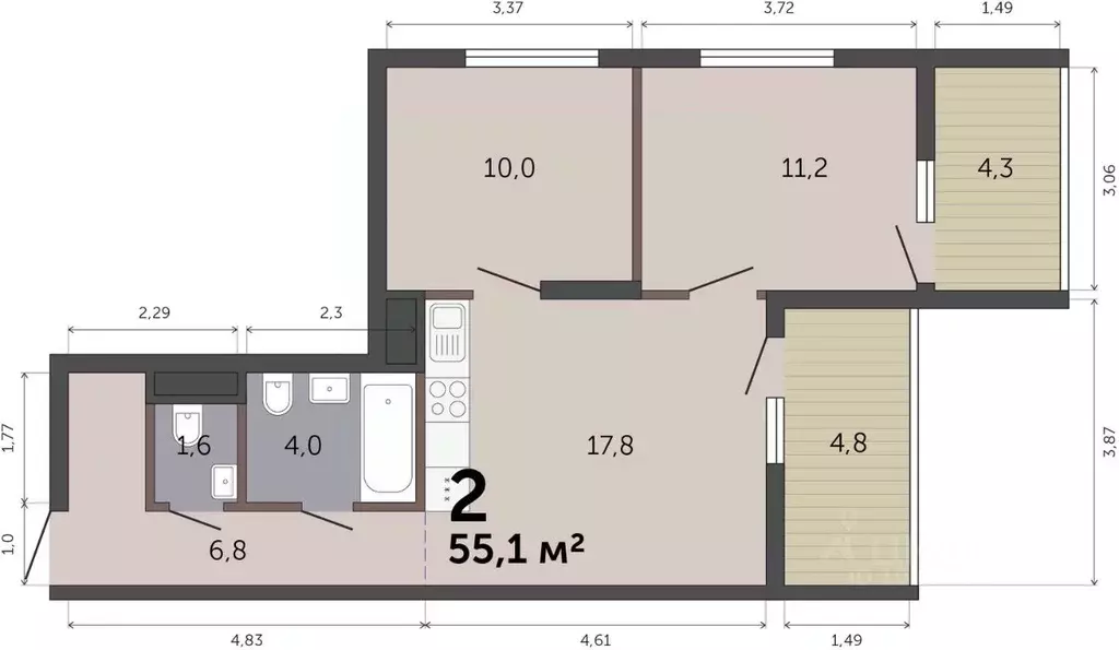 2-к кв. Свердловская область, Екатеринбург Малевич жилой комплекс ... - Фото 1