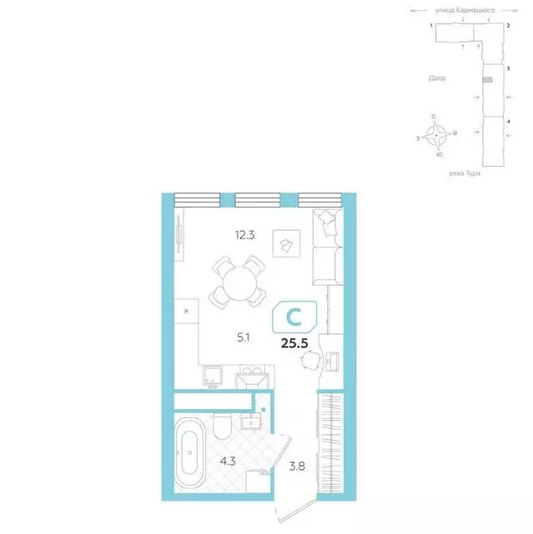 Квартира-студия: Тюмень, улица Евгения Войнова, 3 (25.5 м) - Фото 1