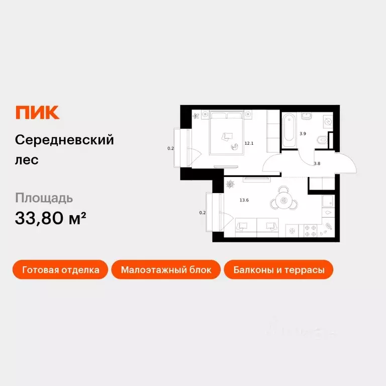 1-к кв. Москва Середневский Лес жилой комплекс (33.8 м) - Фото 1