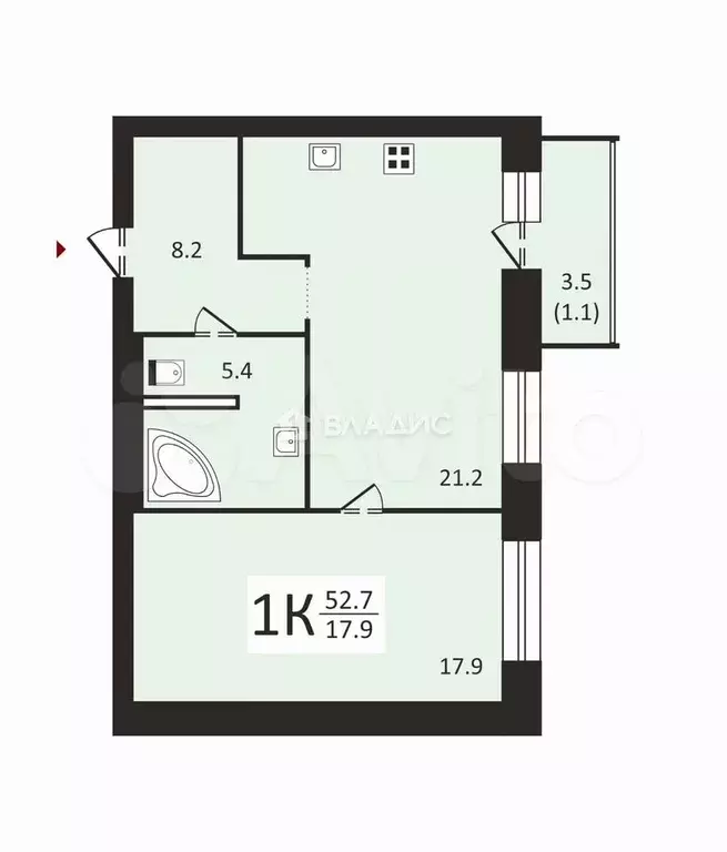 1-к. квартира, 53 м, 6/9 эт. - Фото 0