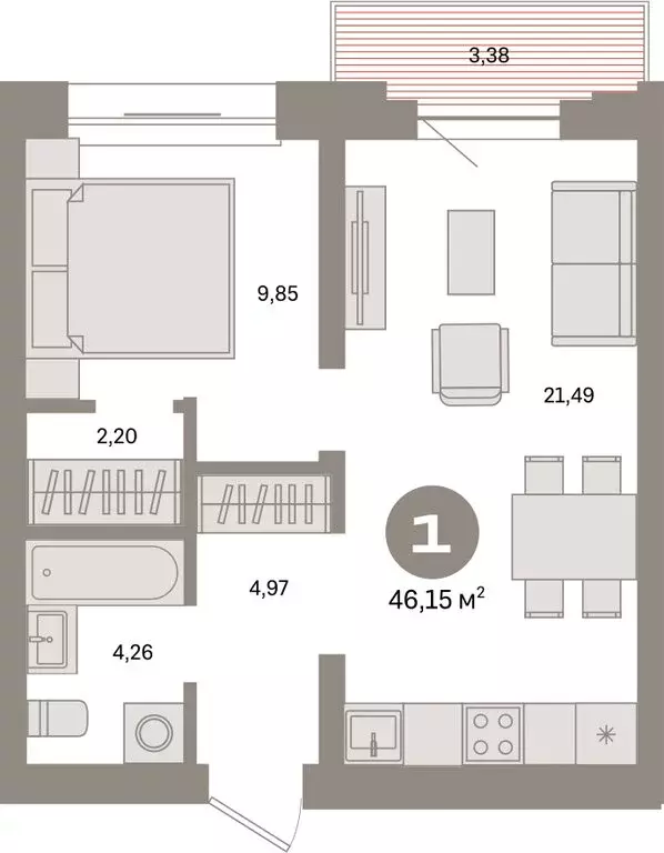 1-комнатная квартира: Тюмень, Причальная улица, 7 (46.15 м) - Фото 1