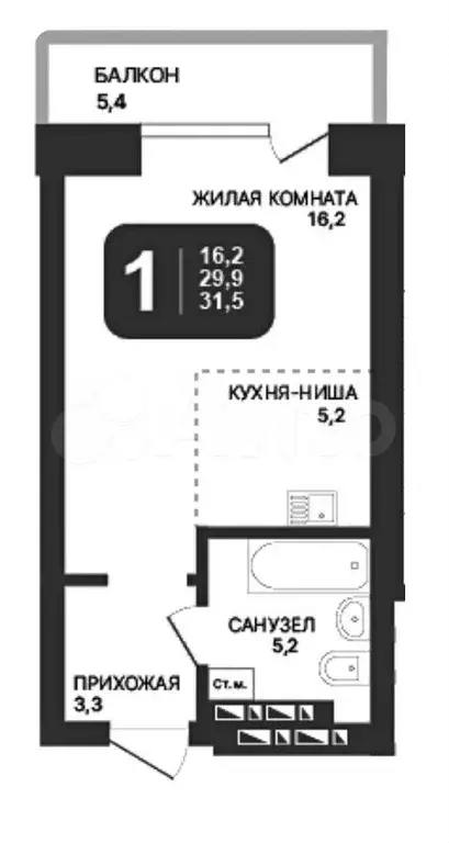 Квартира-студия, 31,5 м, 19/24 эт. - Фото 0