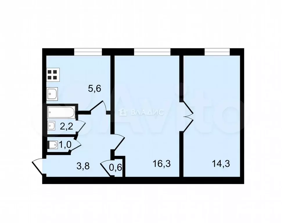 2-к. квартира, 43,8 м, 1/5 эт. - Фото 0