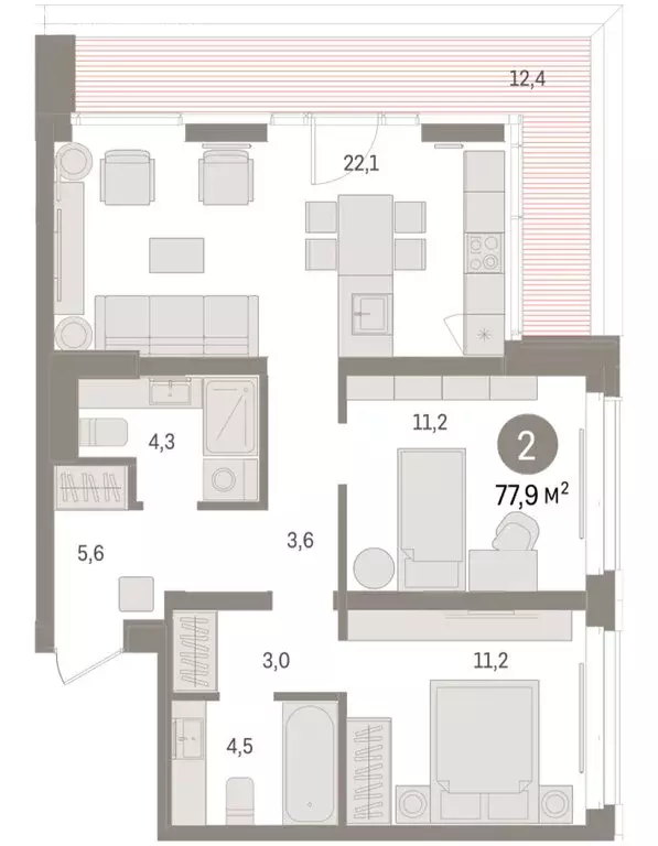 2-комнатная квартира: Тюмень, жилой комплекс На Минской (77.86 м) - Фото 1
