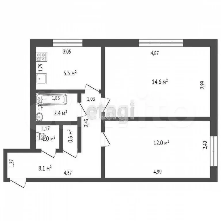 2-к. квартира, 44,4 м, 1/2 эт. - Фото 1