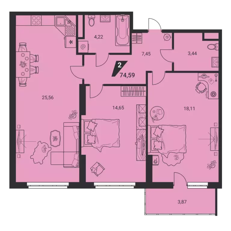 2-к квартира, 74.59 м - Фото 0