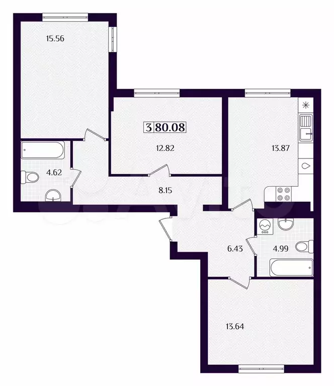 3-к. квартира, 80,1 м, 1/7 эт. - Фото 1