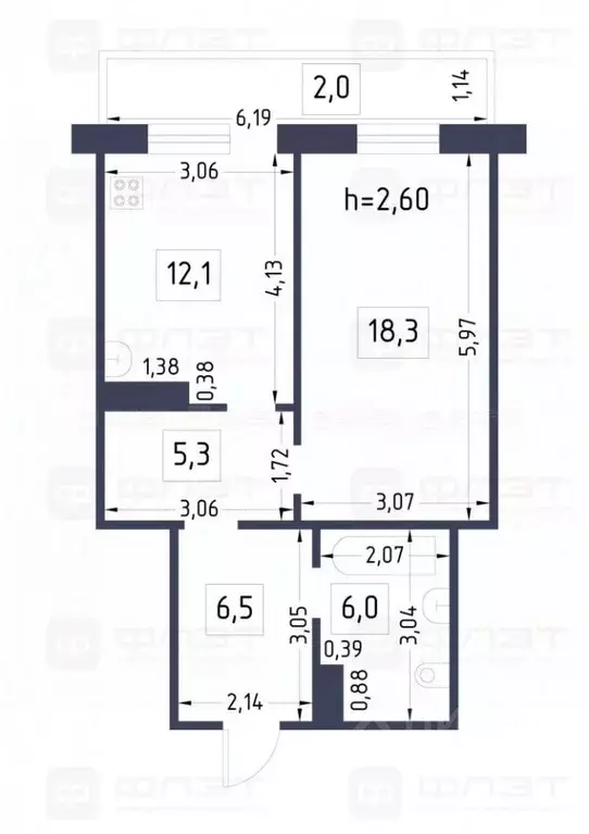 2-к кв. Татарстан, Казань ул. Академика Глушко, 49 (50.2 м) - Фото 2