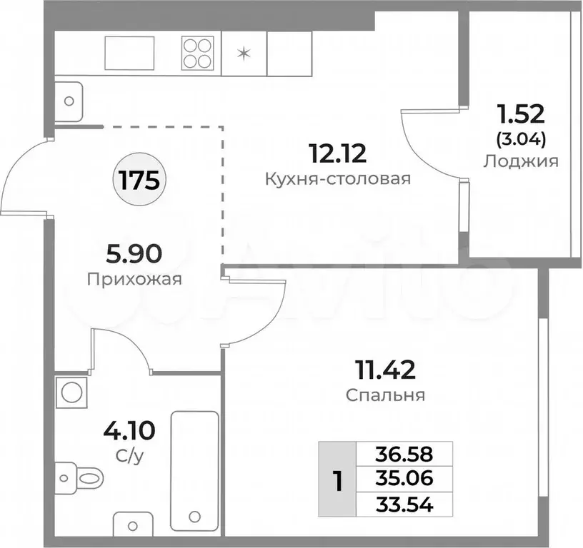 1-к. квартира, 35,1 м, 9/10 эт. - Фото 1