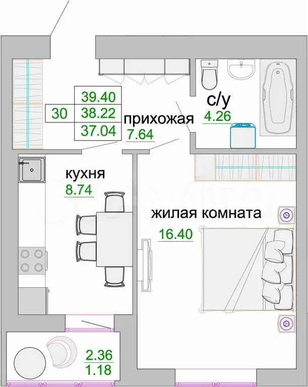 1-к. квартира, 38,7 м, 9/9 эт. - Фото 1