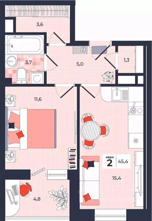 2-к кв. Тульская область, Тула ул. Академика Насоновой, 1А (45.4 м) - Фото 1