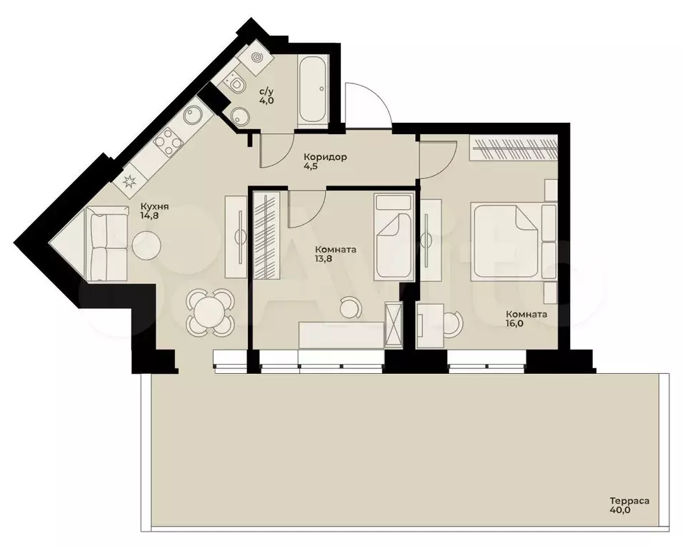 2-к. квартира, 55,1 м, 2/9 эт. - Фото 0