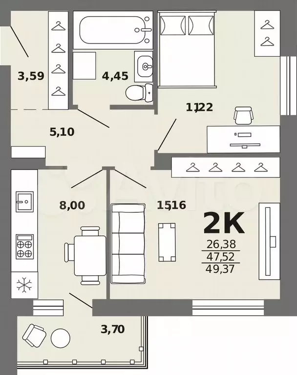 2-к. квартира, 49,4 м, 8/8 эт. - Фото 0