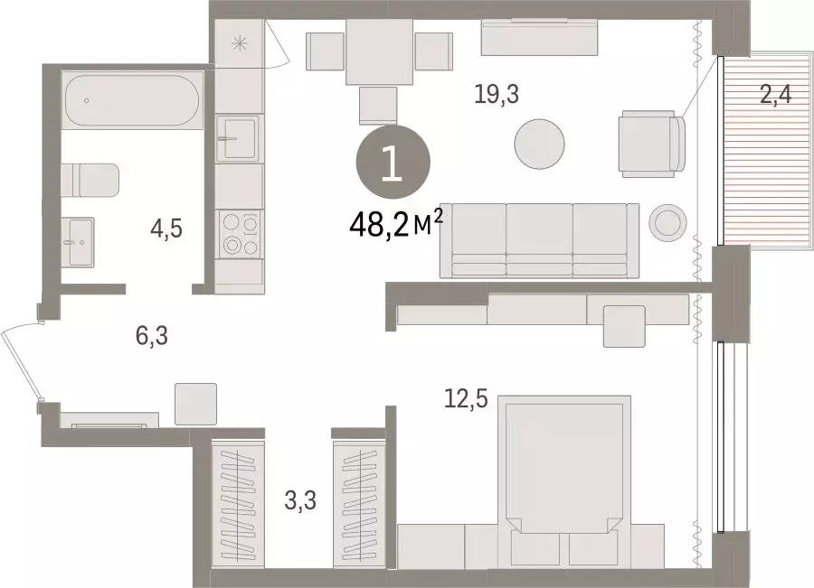 1-комнатная квартира: Тюмень, Краснооктябрьская улица, 4к3 (48.16 м) - Фото 1