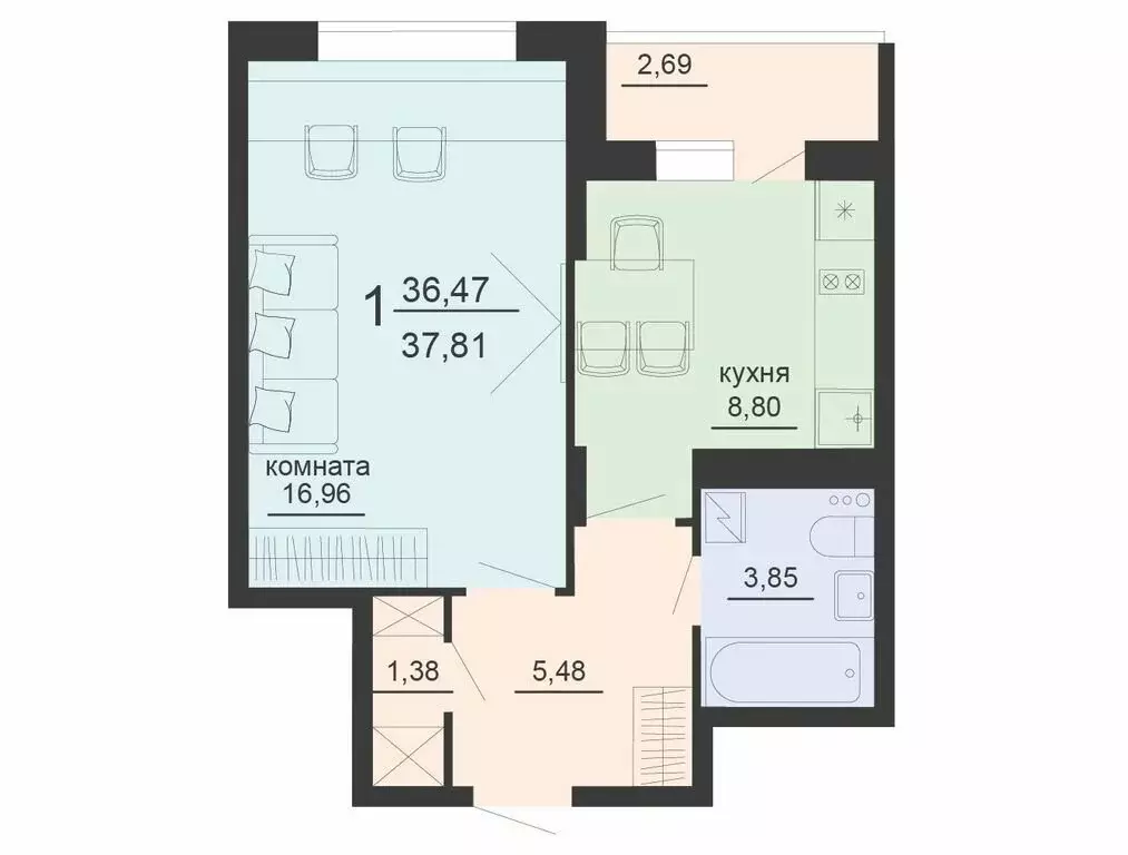 1-комнатная квартира: Воронеж, улица Богдана Хмельницкого, 45А (37.81 ... - Фото 0