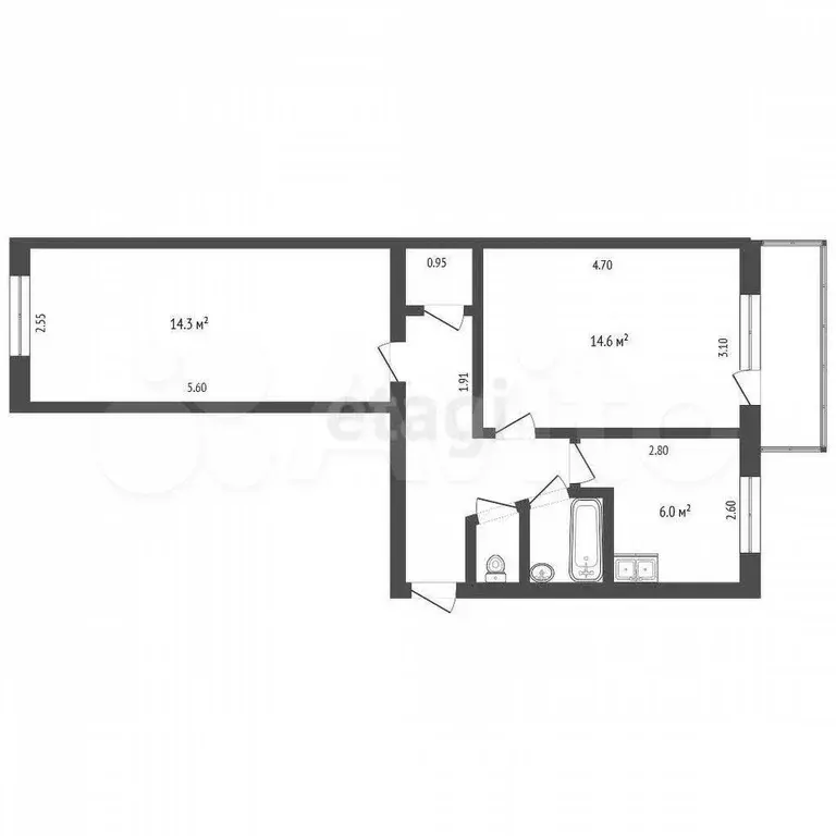 2-к. квартира, 45,6 м, 5/5 эт. - Фото 0