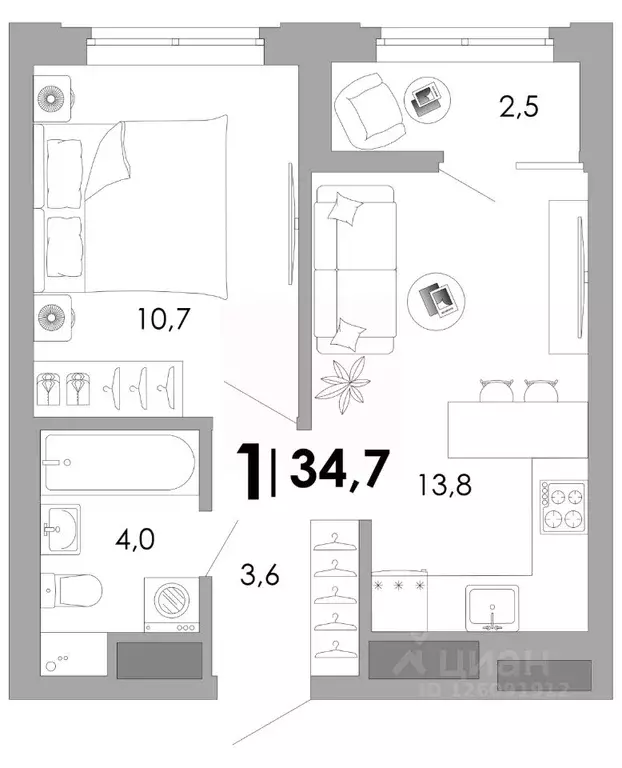 1-к кв. Владимирская область, Владимир Уно жилой комплекс (34.73 м) - Фото 1