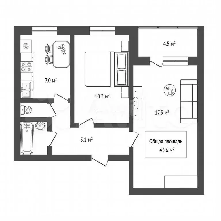 2-к. квартира, 43,6 м, 8/9 эт. - Фото 0