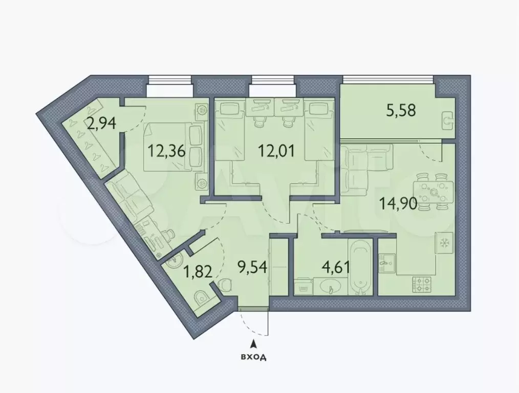 2-к. квартира, 63,8 м, 4/6 эт. - Фото 1