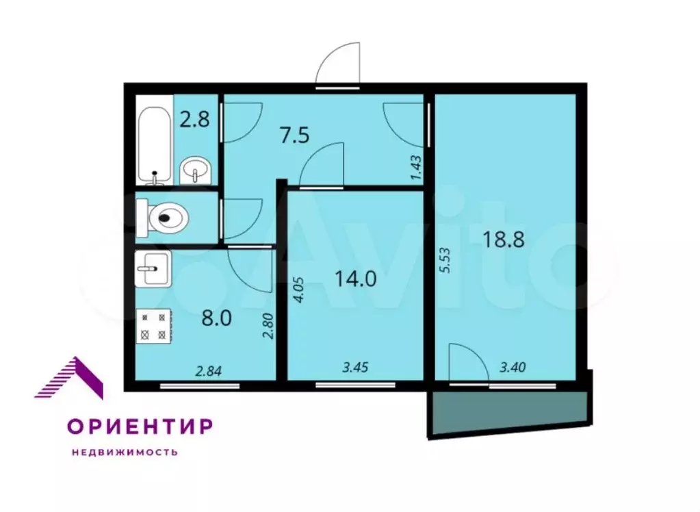 2-к. квартира, 52,5 м, 8/9 эт. - Фото 0