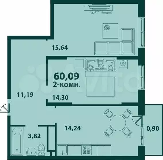 2-к. квартира, 60,1 м, 10/24 эт. - Фото 1