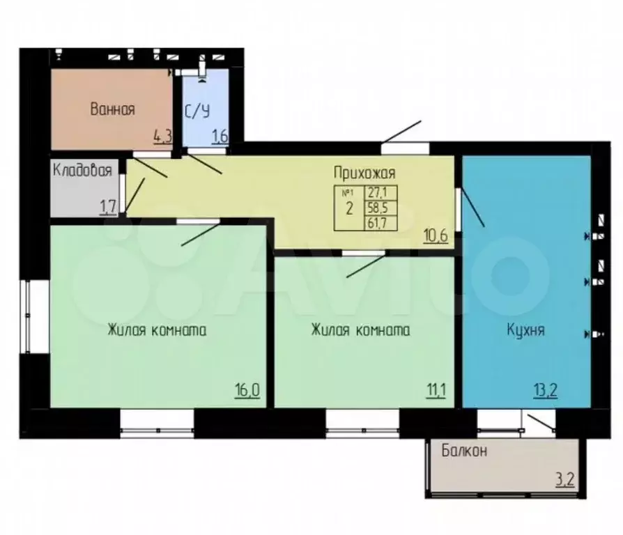 2-к. квартира, 61,7 м, 3/4 эт. - Фото 0