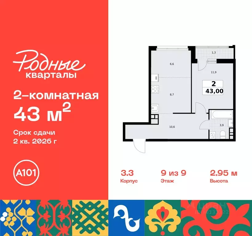 2-к кв. Москва Родные кварталы жилой комплекс, 3.3 (43.0 м) - Фото 0